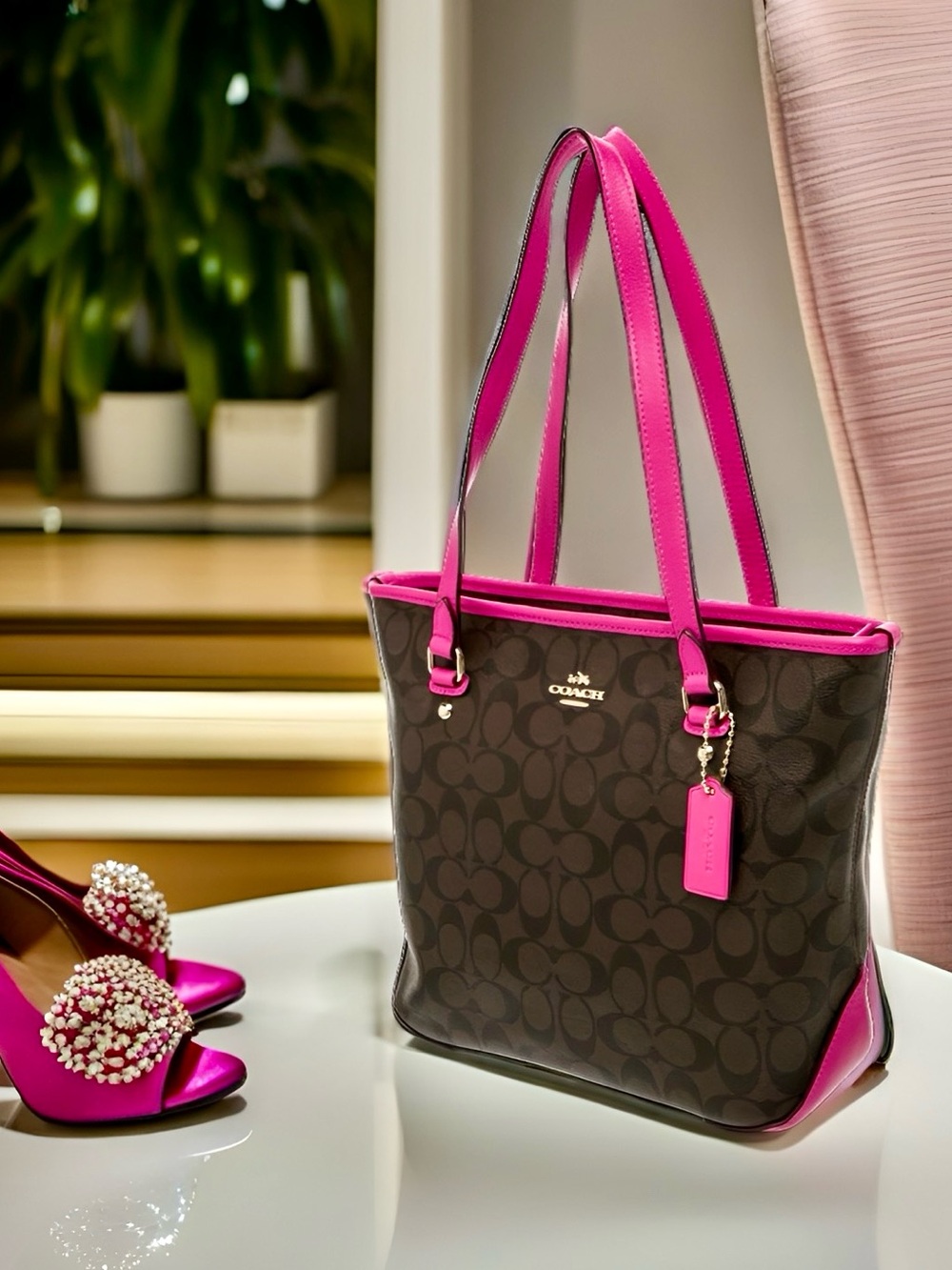 *SOLD* COACH City Zip Tote Brown Signature & Fuchsia Leather Trim Shoulder Bag